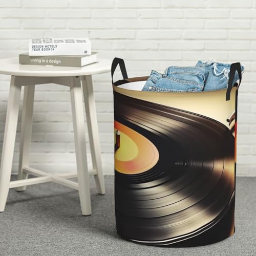 Laundry Hamper Vinyl records Laundry Basket Circular Hamper with Handles Waterproof Storage Clothes Bag Portable Dirty Clothes Storage Bin Organizer for Bedroom Bathroom Living Room