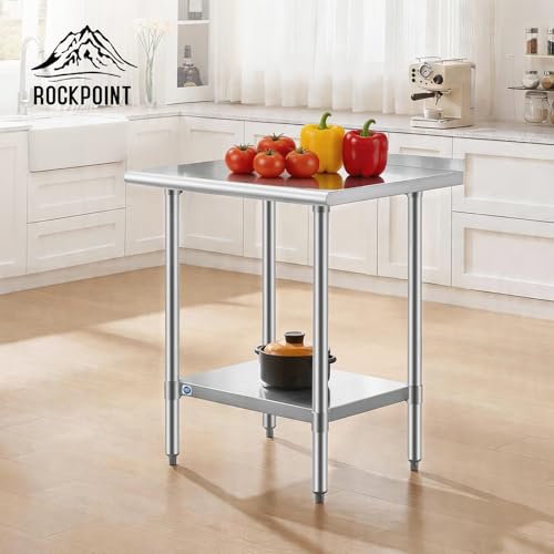 Image of ROCKPOINT SS304 Top All Stainless Steel Table for Prep & Work with Backsplash 24x30 Inches, NSF Commercial Kitchen Heavy Duty Table with Adjustable Undershelf for Restaurant,Kitchen, Home and Hotel