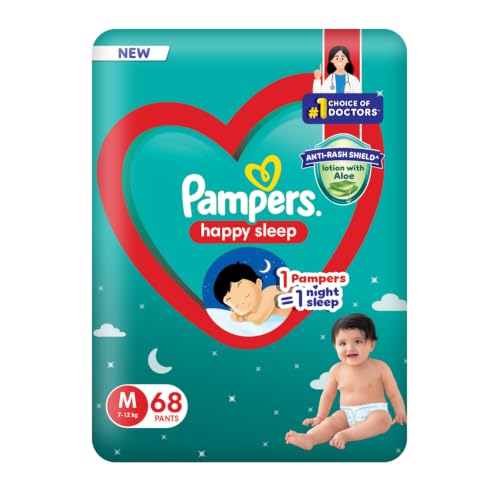 Image of Pampers Happy Sleep Pant Style Baby Diapers, Medium (M), 68 Count, 1 Pampers = 1 Night Sleep, with Anti Rash Shield, 7-12 Kg Diapers
