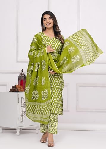 MEERA FAB Women's Cotton Printed Straight Kurta with Palazzo & Dupatta Set