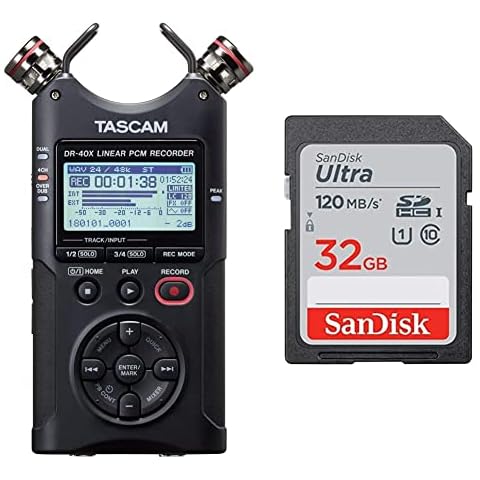 Tascam DR-40X Portable 4-Track Audio Recorder & SanDisk Ultra 32GB SDHC Memory Card, Up to 120 MB/s, Class 10, UHS-I, V10 Cover