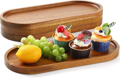 Lot de 4 plateaux de service ovales en bois pour dessert, collation, pain, fruits, apéritifs (35 x 14 cm)
