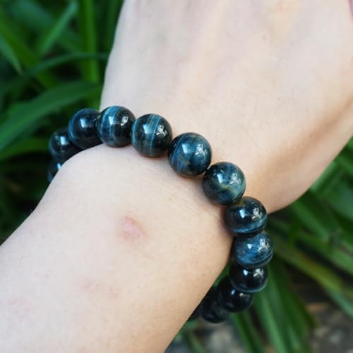 Blue Tigers Eye Mens Bracelet 14MM | Fits for About 8" XLarge Wrist | Natural Solar Plexus Chakra Gemstones | Bring Luck Wealth Courage | Protection from Evil | Gift3