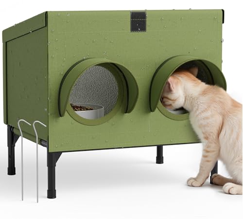 PELUOMOZ Outdoor Cat Feeding Station Waterproof Dining Shelter for Feral & Community Cats Insulated Roof & Walls Dual-Feed Hole Design Connects to Cat House Green 161215.5