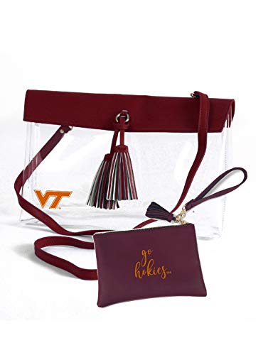 Virginia Tech Hokies Clear Handbag/Purse and Wristlet Combo with Logo, Vegan Leather Trim