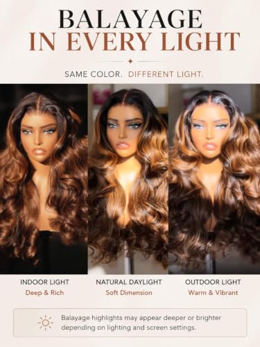Image of Beauty Forever 7x5 Bye Bye Knots 2.0 Balayage Brown Highlight Body Wave Glueless Wig Human Hair Wear and Go Lace Front Wig Pre Cut HD Lace Pre Plucked Drawstring Wig 150% Density 18 Inch