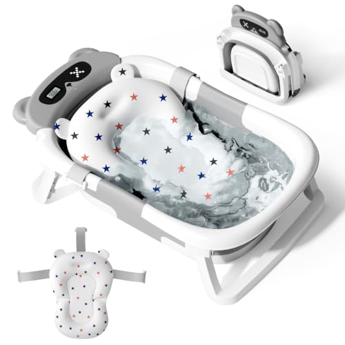 Image of Baby Bathtub,Foldable Baby Bath Tub for Newborn to Toddler (0-18 Months) - Collapsible Infant Tub for Travel with Thermometer, Soft Cushion,Grey