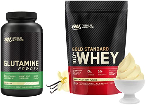 Image of OPTIMUM NUTRITION (ON) Gold Standard 100% Whey Protein Powder 1 Lbs, 454 G (Vanilla Ice Cream) & L-Glutamine Powder, 250 Gram, 1 Scoop
