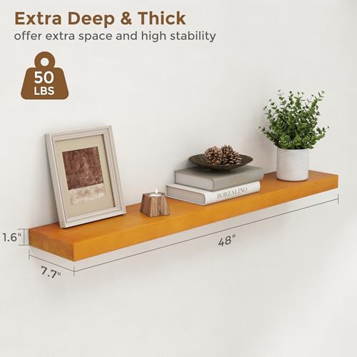 Image of Marsmiles 48 Inch Wood Floating Shelves | Rustic Honey Oak Wall Shelves Set of 2 | 48 inch W x 7.7 inch D x 1.6 inch H Wooden Shelves for Bathroom Living Room Kitchen