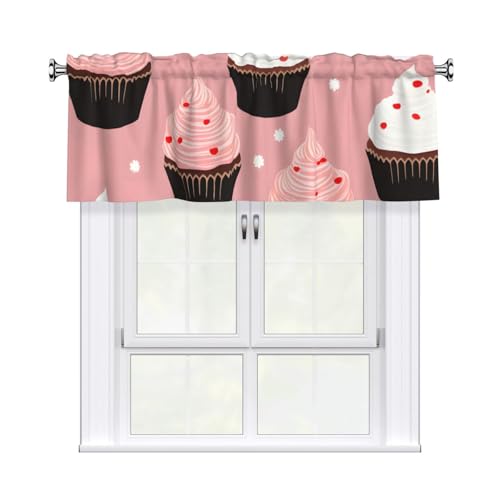 Mexpekil Cortinas de cocina de 54 x 18 pulgadas, cenefa de cortina rosa con diseño de cupcakes para cafetería, baño, dormitorio, sala de estar
