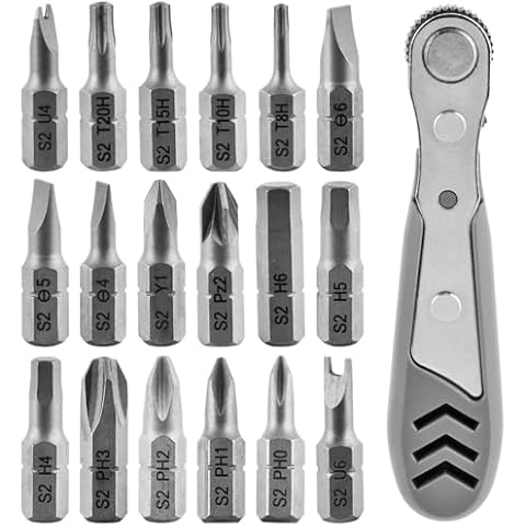 HONUTIGE 18 in 1 Right Angle Screwdriver, 36-Tooth Low Profile Mini Reversible Ratchet Wrench and Bits Set, Ratchet Wrench 90 Degree Offset Ratcheting Screwdriver for Tight Spaces (19pcs) Cover
