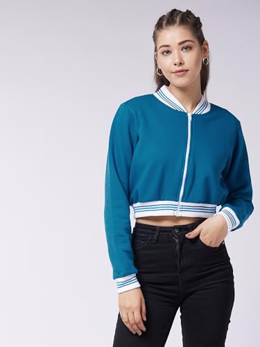 Image of Miss Chase Women's Off White V-Neck Full Sleeves Bomber Cropped Jacket