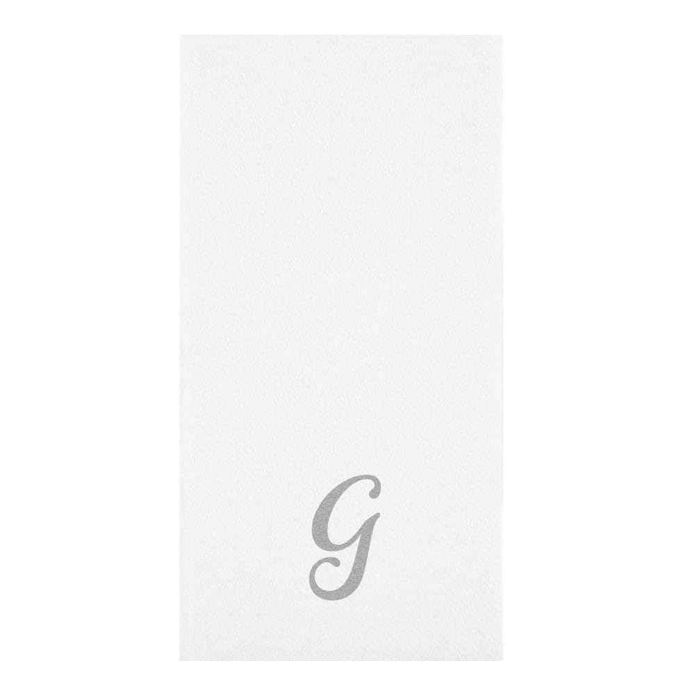 Luxenap - Servilleta rectangular de papel blanco con letra G plateada – Air Laid, fuente cursiva – 15 3/4 pulgadas x 8 pulgadas – Caja de 50 unidades