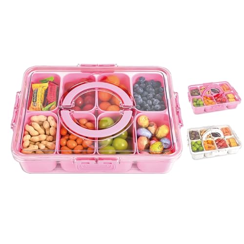WGBP Snackle Box Container, 8 Compartment Divided Serving Tray with Lid and Handle, Snack Box Container for Candy, Fruit and Snacks, Great for Gatherings, Outings, Parties and Entertaining（Pink）