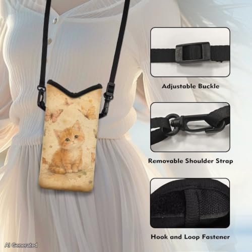 Image of Neoprene Crossbody Phone Pouch Small Shoulder Bag Lightweight Travel Bag With Removable Adjustable Strap for Phone, Keys, Lipstick, Power Bank 8 x 4 inch, Retro Cat Butterfly