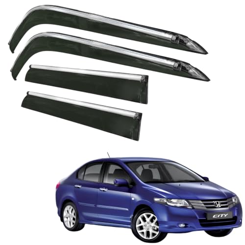 Image of CAR SAAZ Side Door Visors for City I-vtech (2008-2013) (Set of 4Pcs) | Smoke Finish Chrome Lined Rain Guards, Polycarbonate