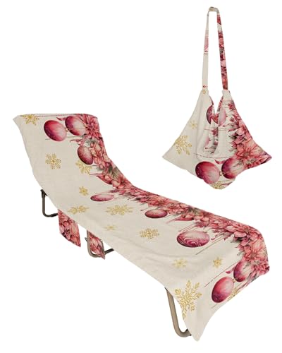 Red Pink Christmas Balls Beach Lounge Chair Towel Cover, Soft Chaise Lounge Towel with Side Pockets Patio Pool Chairs Cover for Beach/Pool Sunbathing 29x85 Xmas Poinsettia Yellow Snowflake Rustic