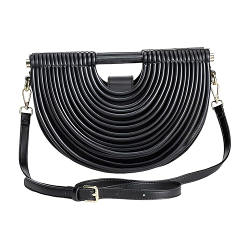 Image of Elegant Half Round Chinc Woven PU Leather Lou Top Handle Bag for Women Formal Evening Clutch Purses