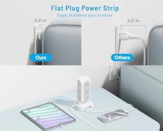 Flat Plug Power Strip Tower 10FT, 40W Total Fast Charging Station, Dual PD 20W USB-C Surge Protector with 12 AC Outlets and 8 USB Ports (4 USB C), Long Extension Cord for Home Office Dorm Room
