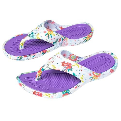 Image of GreaterGood Walking Paws Flip Flops Rainbow Colorful Lightweight Contoured Non Slip Textured Footbed Beach Sandals for Women