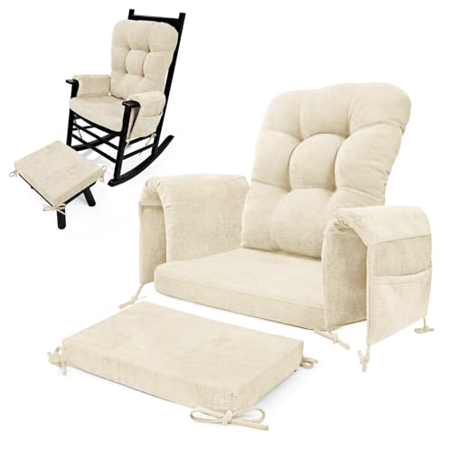 Glyzia 5 PCS Glider Rocker Replacement Cushions with Storage Side Pocket Luxuriy Chenille Fabric Foam & Microfiber Filling Thickened & Supportive Rocking Chair Cushion Set Beige
