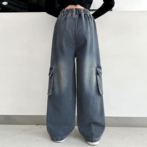 Kids Girls Baggy Cargo Jeans Relaxed Wide Leg Straight Distressed Washed Denim Pants Fashion Y2k Streetwear Pockets2