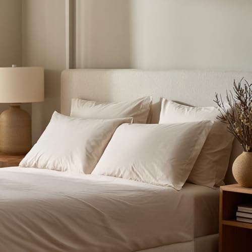 Image of Loom Beige Percale Cotton Cooling Bedsheet Set - 100% Cotton, Soft & Breathable, Bedsheet 106x106 in + Pillow Covers 18x27 in, Premium Bed Linen for All Seasons