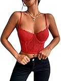 SOLY HUX Women's Sexy Lace Trim Spaghetti Strap Bustier Cami Crop Tops Solid Red M