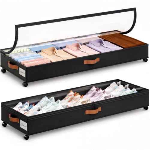 Yecaye 85L Under Bed Storage, Under Bed Storage Containers with Adjustable Dividers, Rolling Underbed Organizer Bins Drawers for Clothes, Shoes, Blankets Toys, Black