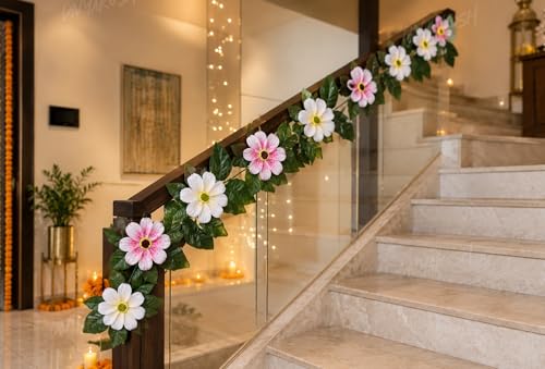 Image of Divyakosh Mango Leaf Vine /Creeper (6.5 Ft) with Cosmos Flowers for Door Entrance Decor | Artificial Flowers Garland,Thoran | Festive Puja Wall Hanging for Diwali Navratri Ganpati Home Decor