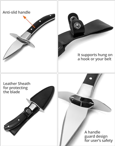 Miniatura 3 de Qwork 2 Piezas Cuchillo Para Ostras, Cuchillo Para Ostras Con Funda De Cuero, Hoja De Acero Inoxidable Con Mango De Madera De Alta Calidad