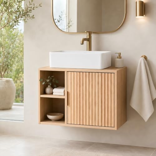 VINGLI 24 Inch Floating Bathroom Vanity with Vessel Sink, Wall-Mounted Natural Oak Cabinet with Adjustable Open Shelf, Fluted Soft-Close Door and Plumbing Cutout