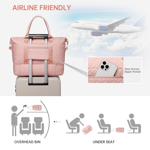 Image of Duffle Bag for Travel, Weekender Bag with Shoe Compartment, Carry On Overnight Bag for Women with Toiletry Bag, Gym Bag with Wet Pocket, Hospital Bags for Labor and Delivery Beige, Pink-Embroidery