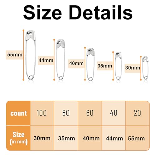 Image of VAMA 300 Pcs 5 Assorted Sizes of Durable, Silver Small and Large Safety Pins Bulk, Rust-Resistant Nickel Plated Steel, Sharp Edge Pins for Clothes, Sewing, Arts & Craft