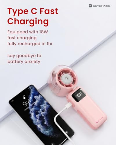 Image of Sevenaire P7 Portable Hand Fan with Mist, Hand fan for summer, High Speed & LED Display - Personal Fans Portable Rechargeable, 16000 RPM Turbo Mini Fan for Travel, Outdoor, Home, Office (Pink)