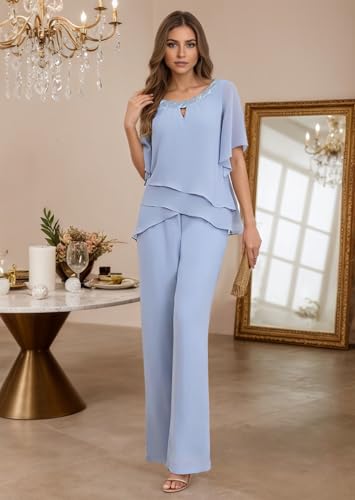 2 Pieces Mother of The Bride Pant Suits for Wedding Ruffle Sleeve Formal Pant Suit Sequin Chiffon Wedding Guest Outfits4