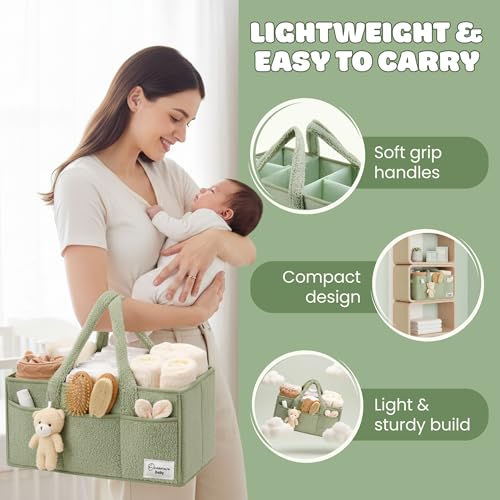 Image of OCEANEVO Cute Fur Diaper Caddy Organizer Bag WITH Luggage Tag AND Bear Charm, Baby Basket Essentials for Newborn Baby Products Storage with Compartments and Handle - 38 x 25 x 18 cm - Model 3 - Green
