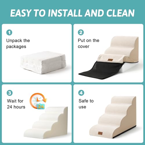 Image of COZY KISS Wide Dog Stairs for Small Dog 15.7 inch H, Pet Step for Puppy, Older Cat, Curved Ramp for Couch, Durable Anti-Slip Ladder with High Density Foam, 3 Step, 17.7x22.4x15.7 inch, Beige