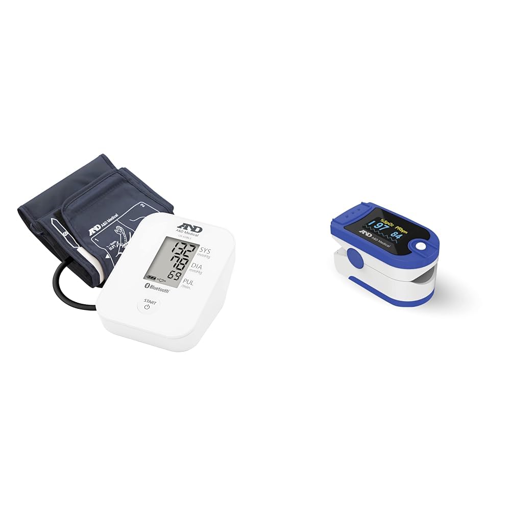A&D Medical UA-651BLEISO Pressione sanguigna del braccio superiore con Bluetooth + A&D Medical UP-200 Pulsossimetro, Monitor dell'Ossigeno nel Sangue Approvato CE