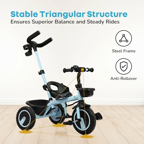Image of R for Rabbit Tiny Toes R20 Plus Tricycle for Kids with Rubber Wheels, Adjustable Parental Control, Front & Rear Storage Basket | Baby Trike Cycle for 2 to 5 Year, Upto 25 Kgs Boy & Girl (Sky Blue)