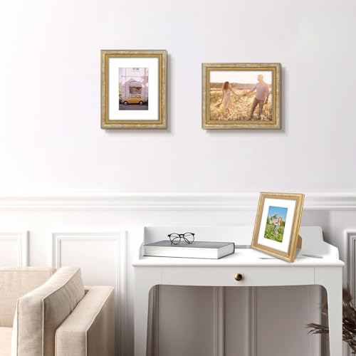 Image of Golden State Art,8x10 Ornate Picture Frame Holds 5x7 Photo,Vintage Gold | Includes real glass front,white mat,easel stand,build-in hangers and buttons.Displays 5x7 photo on wall or tabletop