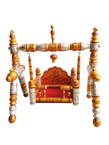 Image of Stronge Wooden Foldable Laddu Gopal Jhula | Krishna Jhula | Krishna Palana Hindola | Wooden God Jhula Big Size | Royal & Antique for Pooja Home (Pearl White Yellow -Cherry Golden)