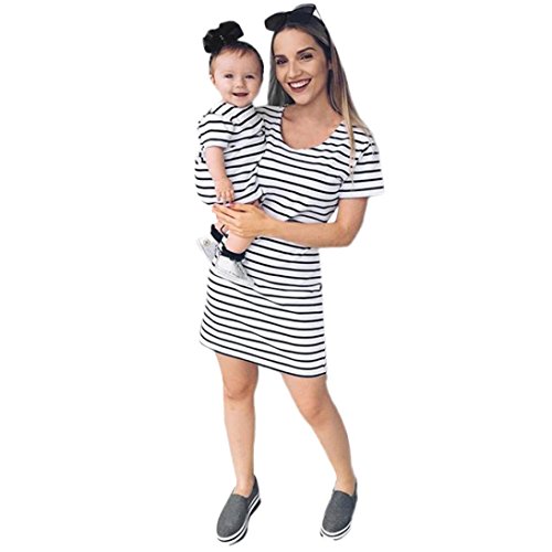 Kehen Parent-Child Shirt Dress Family Clothes Outfits Mommy and Me Matching Dress Short Sleeve Striped Summer Dress (White(Mom),Large)