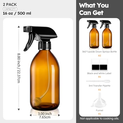 Tecohouse 2 Pack Amber 360° Glass Spray Bottles, 16 oz Empty Refillable Containers with Adjustable Spray Nozzles, Spray Bottles for Cleaning Solutions and Plants