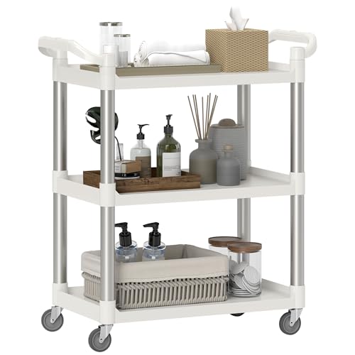 HOMCOM Carrito Auxiliar con Ruedas de 3 Niveles, Marco de Aleación de Aluminio, Carrito de Cocina, Carga de 35 kg por Estante, para Comedor, Sala, Baño, 88x44x93 cm, Blanco