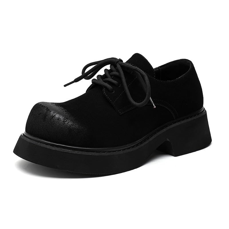 Men’s Suede Leather Big Toe Chunky Platform Oxfords Casual Comfort British Round Wide Toe Heighten Block Heel Business Office Dress Derby Shoes
