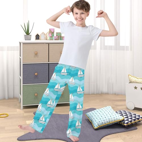 Boy's Pants Cute Sailboat Blue Sea Wave Jogger Pants Elastic Waist Long Bottoms Trousers with Pockets 6-14 Years4