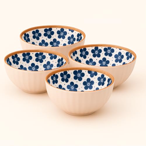 Image of YELONA Ceramic Bowls Set of 4 - 300ml | Japanese Style Serving Bowls with Big Blue Floral Design | 11.5cm Diameter | Microwave & Dishwasher Safe | Lead-Free Glazed Interior | Elegant Beige Exterior