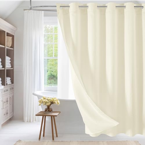 No Hook Weave Fabric Shower Curtain with Snap-in Liner Ivory,72x86