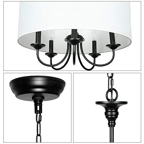 Lampundit 5 Light Traditional Chandelier With White Linen Drum Shade, Modern Ceiling Light Fixture For Dining & Living Room Bedroom Foyer, Black & White #TOP6